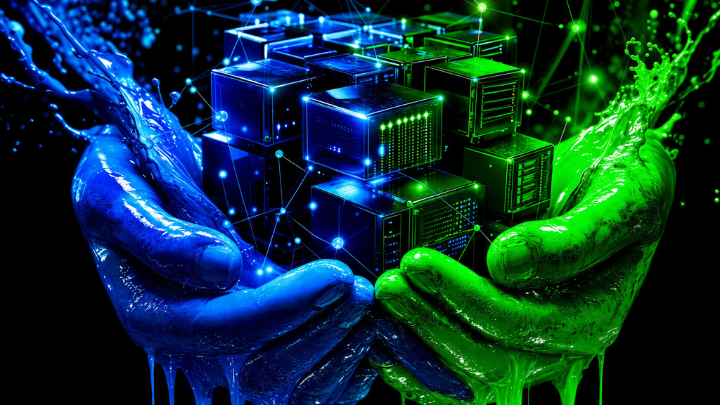 Arte abstrata no estilo Gabriel Wickbold: mãos cobertas de tinta glossy em azul e verde segurando cubos e nós de uma rede interligada, evocando infraestrutura de data center, velocidade e conexão de dados
