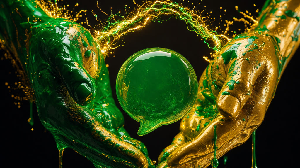 Mãos cobertas de tinta verde escura segurando um ícone do WhatsApp brilhante em dourado, simbolizando a abordagem humana no WhatsApp do Grupo HRZ