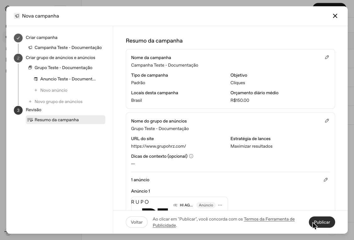 Tela do OpenAI Ads Manager durante a criação de uma campanha
