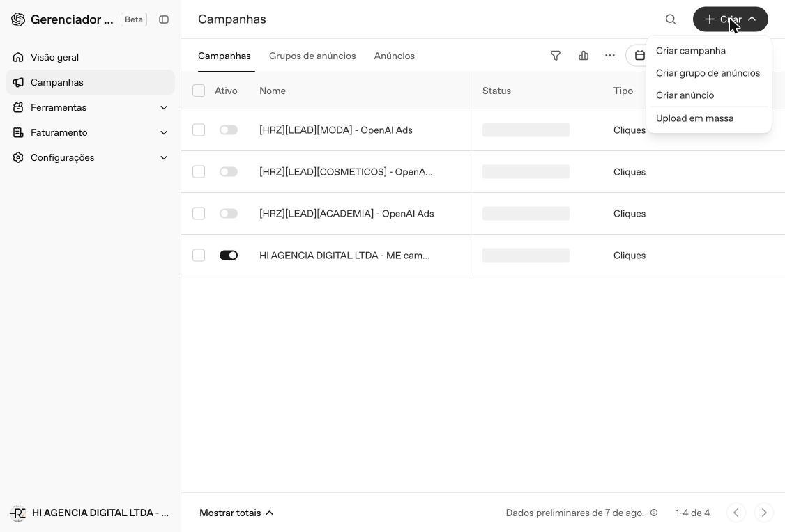 Menu suspenso do botão + Criar, com as opções Criar campanha, Criar grupo de anúncios, Criar anúncio e Upload em massa