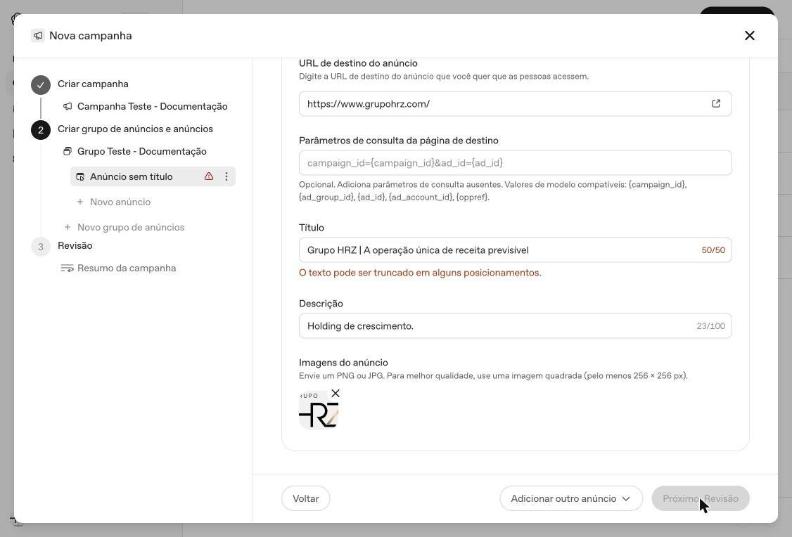 Formulário de configuração do anúncio depois de informar a URL de destino, com título, descrição e imagem preenchidos automaticamente a partir do conteúdo do site