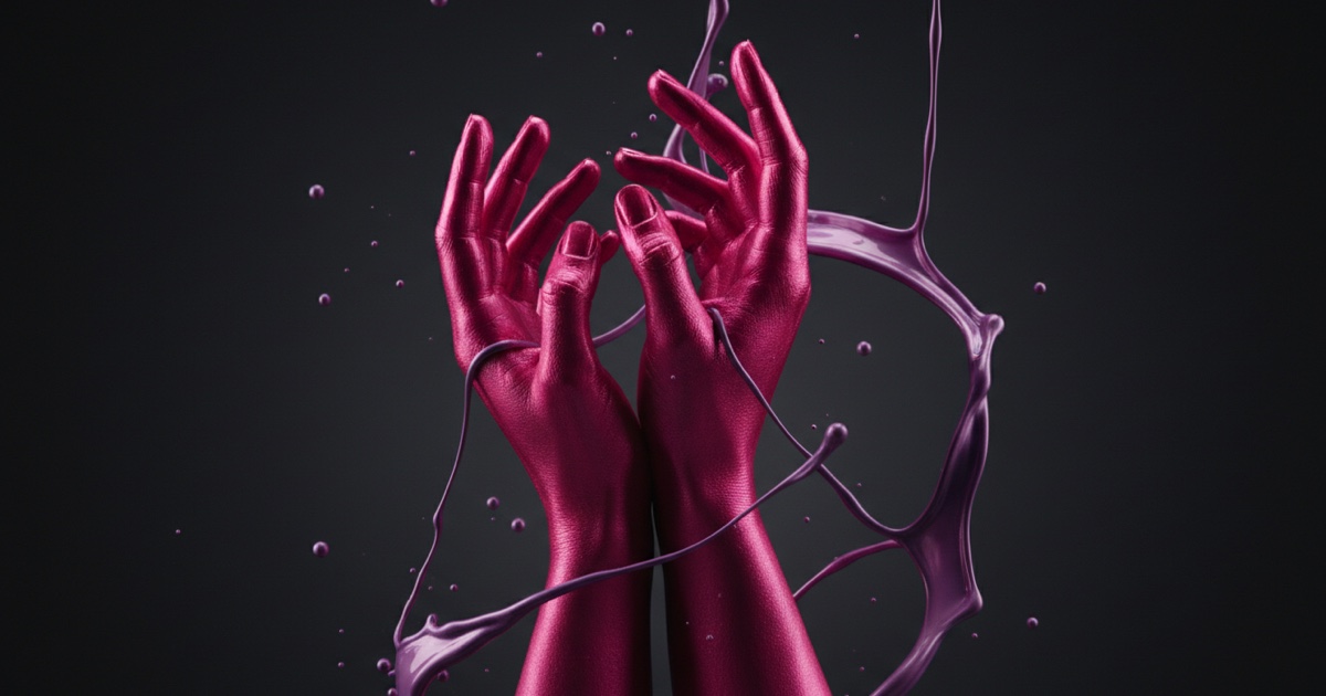 Mãos cobertas de tinta metálica rosa magenta com tinta violeta escorrendo em formato orgânico, fundo escuro