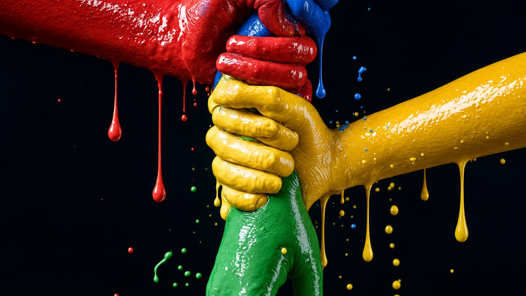 Arte abstrata de mãos cobertas de tinta glossy escorrendo para baixo, estilo Gabriel Wickbold, representando a queda abrupta de tráfego orgânico e ranking no varejo após o spam update de agosto de 2026 do Google