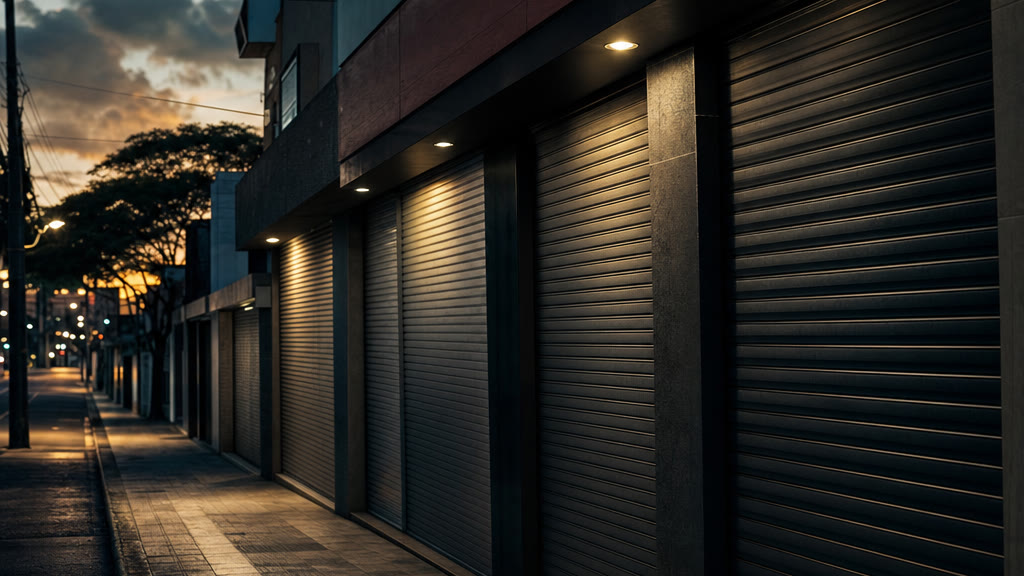 Rua de comércio com lojas de portas de aço fechadas ao entardecer, retrato da crise de vagas no varejo em 2026
